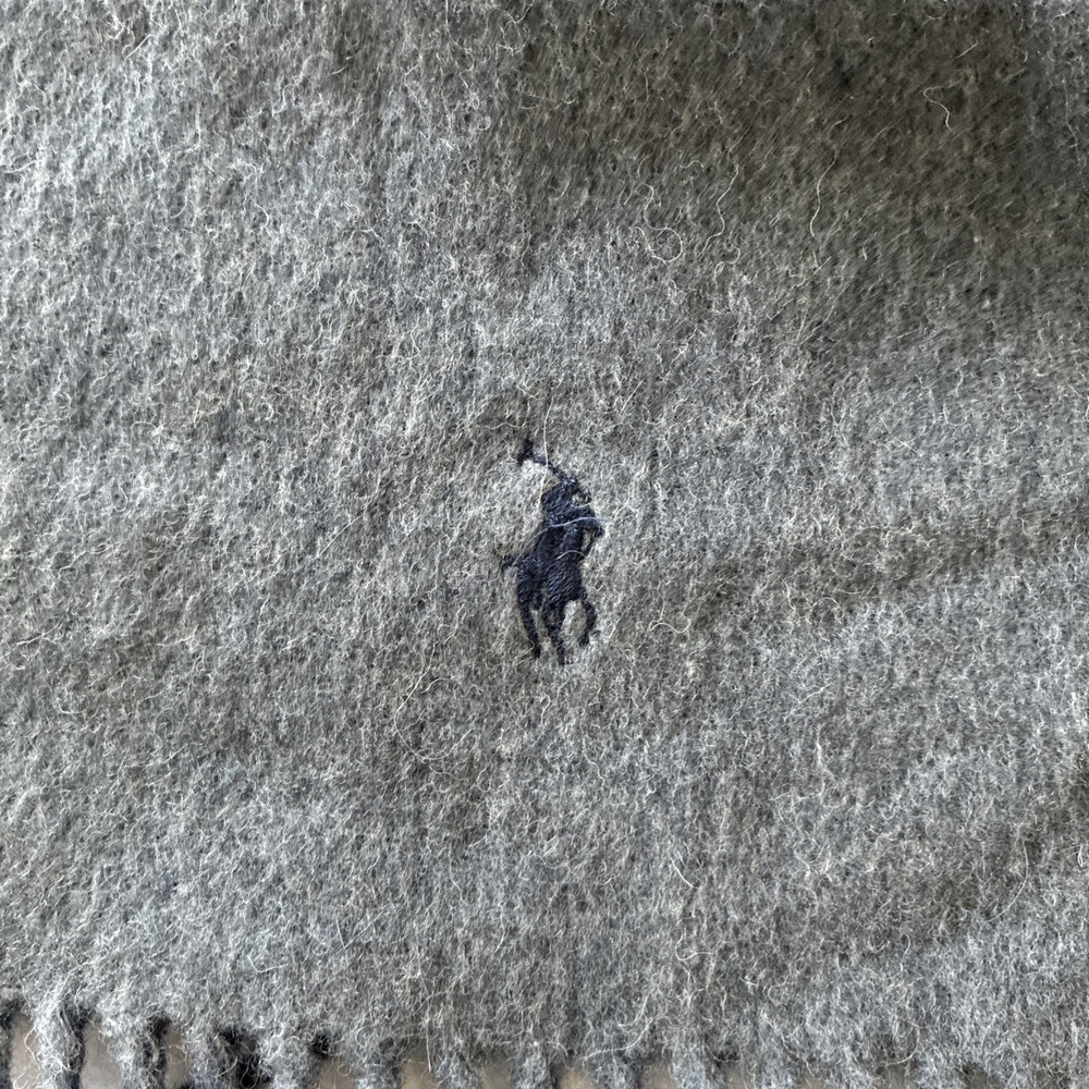 Vintage Polo Ralph Lauren Grey & Blue Reversible Lambswool Blend Fringe Scarf - Picture 8 of 13
